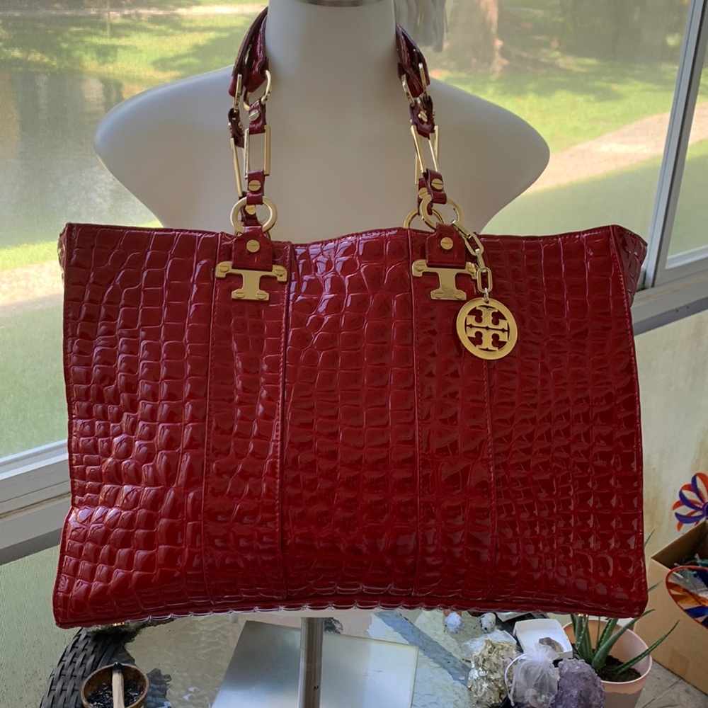 Tory Burch Red Jordana Croc Embossed Tote Bag